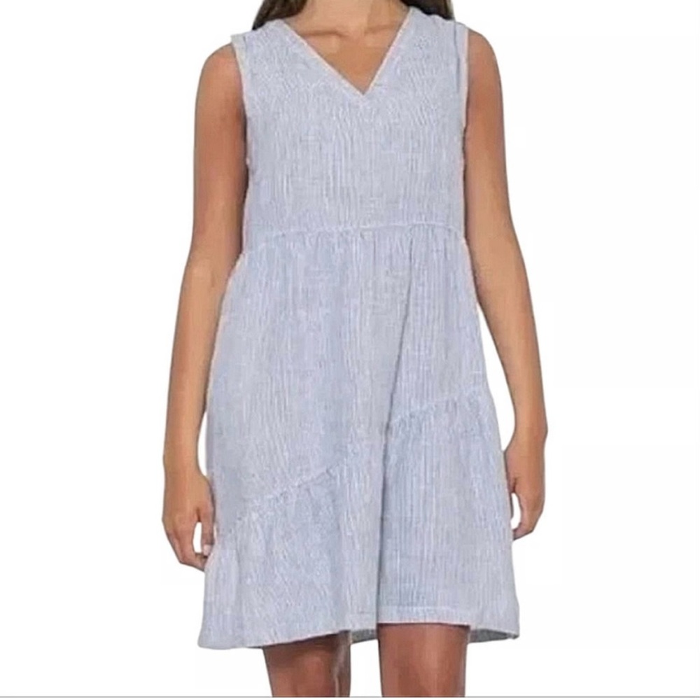 Lucky Brand Navy and White Striped V-Neck Linen Dress